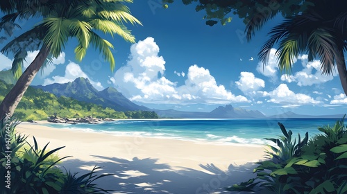 Tropical beach scene with lush vegetation and mountains.