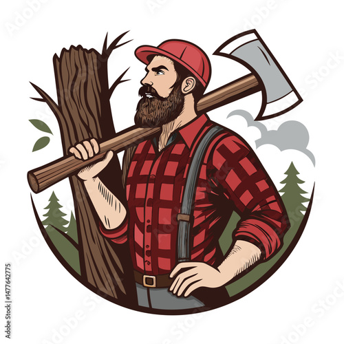 A powerful lumberjack, Flann, fells a giant redwood with a massive axe, sawdust flying; dramatic action shot.
