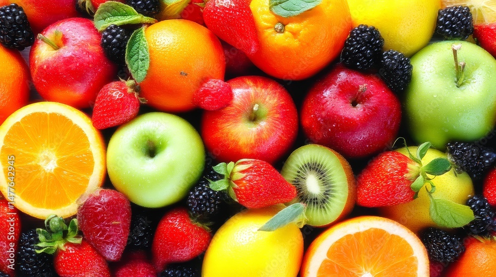 Assorted Fresh Fruits Including Apples, Oranges, Strawberries, and Blackberries Assorted Fresh Fruits Including Apples, Oranges, Strawberries, and Blackberries
