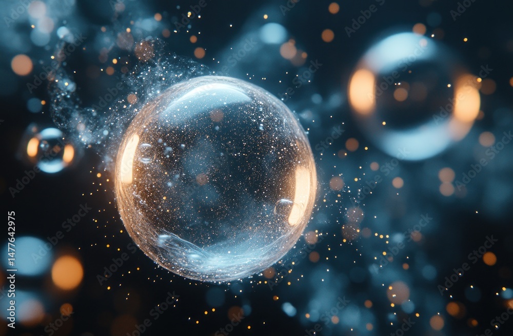 Naklejka premium Translucent sphere amidst shimmering particles.