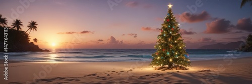 Lighted Christmas tree on a secluded tropical beach  Sand, ocean, festive escape ,  sand,  Christmas,  contrast
