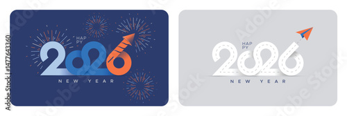 The concept of celebrating the New Year 2026 with fireworks. The concept of heading towards the New Year 2026 with roads and paper planes. Elegant design with typographic style and concept