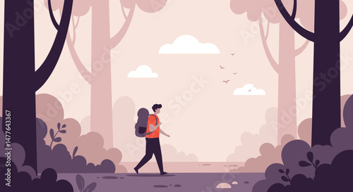 Man hiking with backpack through tranquil forest landscape  