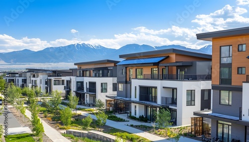 Modern residential structures with a mountain backdrop.