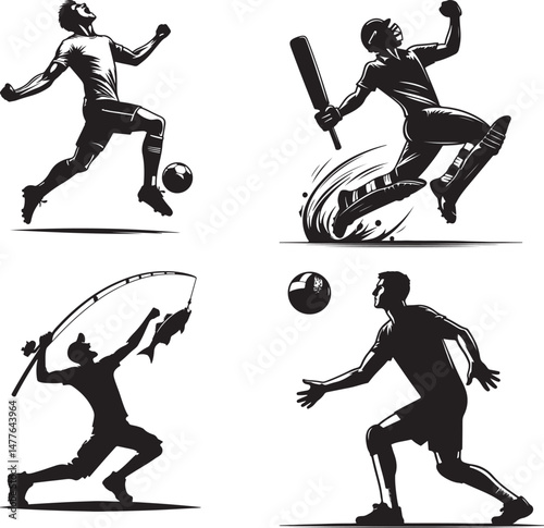Silhouette illustrations of soccer cricket fishing and volleyball players in action