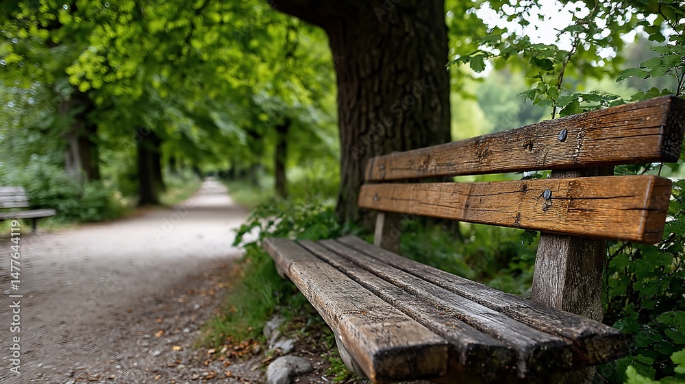 Tranquil path bench weathered wood beckons rest Tranquil path bench weathered wood beckons rest