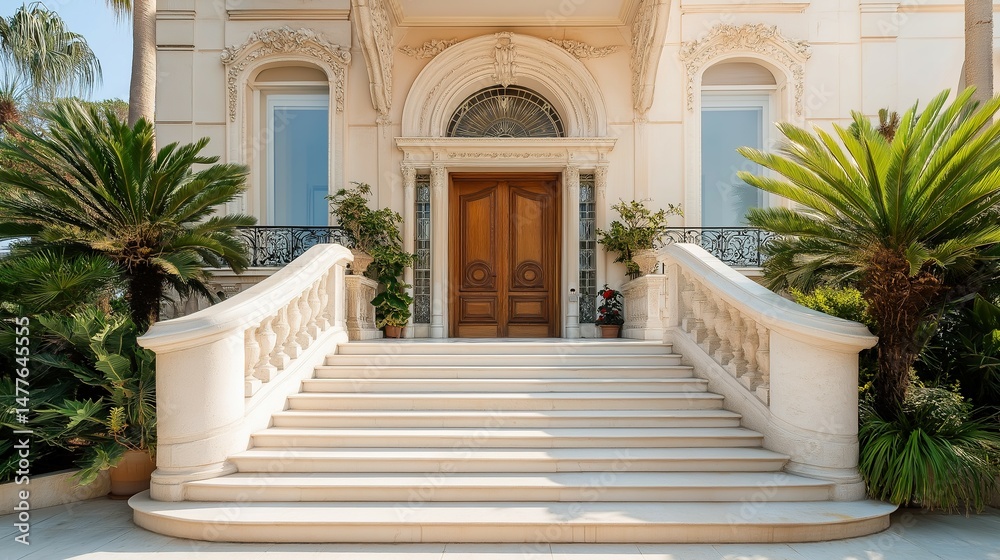 Naklejka premium Elegant house facade with refined architectural details, embodying timeless sophistication and welcoming charm