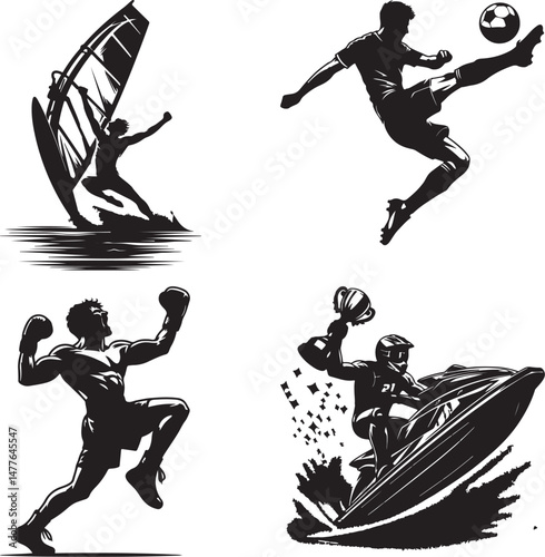 Black silhouettes of windsurfing soccer boxing and jet ski sports on white background