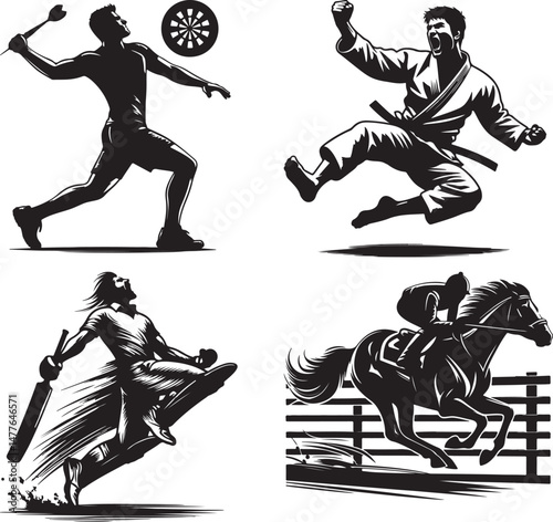 Silhouette illustrations of sports activities including darts karate cricket racing
