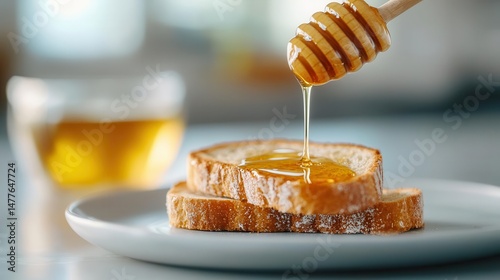 Locally sourced honey drizzling over warm sourdough toast, rustic and cozy breakfast setting