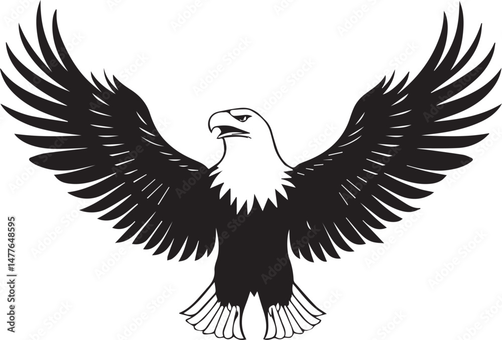 Obraz premium Silhouette of Flying Bald Eagle black and white vector 