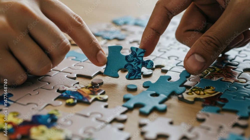 Fototapeta premium Person putting a puzzle piece into jigsaw puzzle