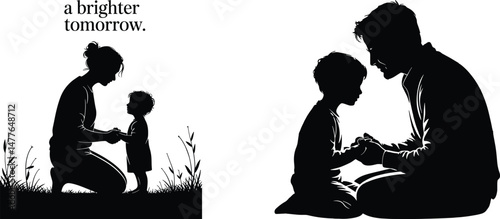 Father, mother, Child, and family Walking Together Silhouette vector art