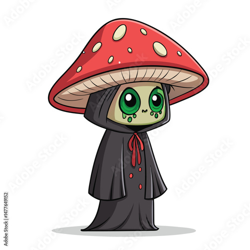 A gothic-style mushroom spirit, wearing a dark robe, with a single, dripping eye, rendered in a detailed, painterly style.