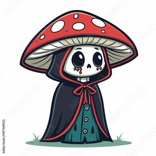 Ethereal mushroom spirit, gothic robe, single dripping eye, dark fantasy art.  Intricate details, dramatic lighting.