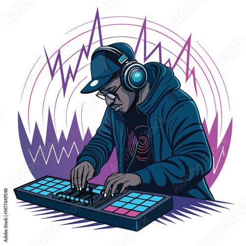 A stylish music producer intensely focused, wearing headphones, expertly manipulating a MIDI pad during a vibrant studio session.  Sparkles subtly enhance the image.