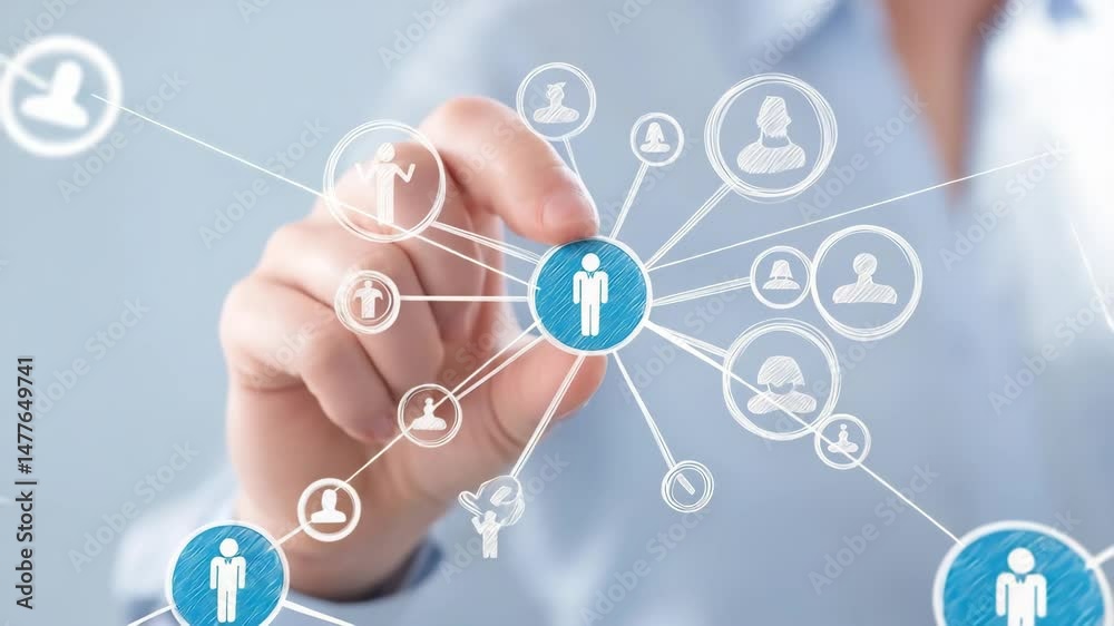 Networking Digital Connection: A person interacts with a digital network, a visual representation of connection and technology, suggesting networking and global connection.
