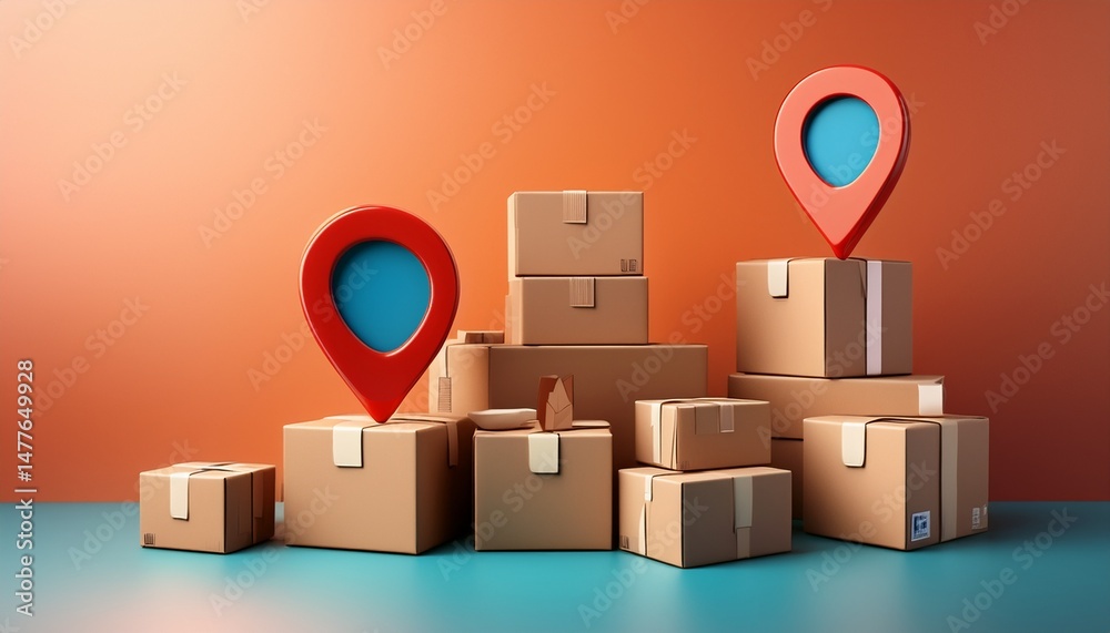 Obraz premium creative 3d commerce delivery concept with packages and location pin on bright background