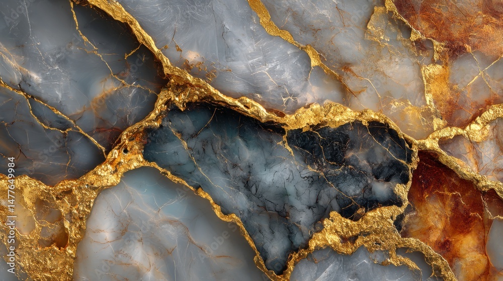 Fototapeta premium Luxurious Marble Texture: Gray and Golden Veins Creating an Elegant Abstract Background, Highlighting Natural Patterns