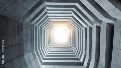 Abstract building facade concrete void or tunnel with natural light in the end in twist view