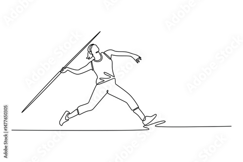 Continuous one line drawing female athlete practice in throwing javelin at sport field stadium. Professional sportswoman training in action, motion. Single line draw design vector graphic illustration