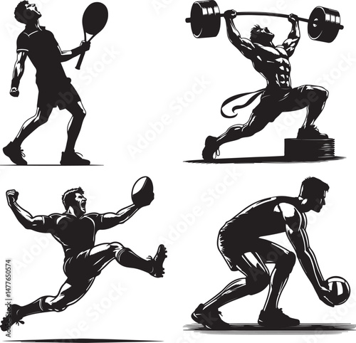 Silhouette illustration of tennis player, weightlifter, rugby player, and volleyball