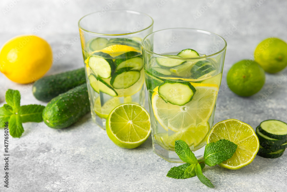 Fototapeta premium Cucumber water with lemon, lime and mint on a wooden table. Water infused with sliced ​​cucumber in a drinking glass. Tonic refreshing drink. Cucumber lemonade.Summer natural cooling drink.Copy space