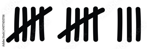 Tally marks vector illustration in hand-drawn doodle style. Counting lines symbol for tracking, scorekeeping, or educational use. Black line art isolated on white background.