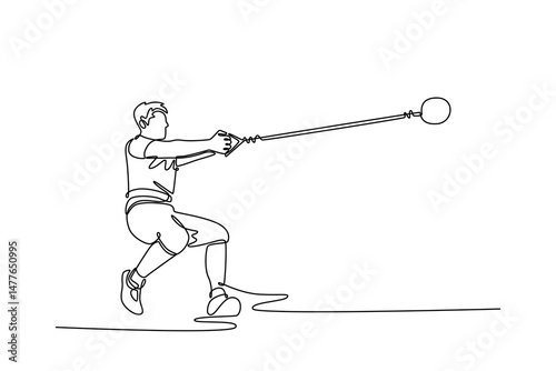 Continuous one line drawing male athlete competing in the hammer throw event. Professional sportsman training in action, motion. Healthy lifestyle. Single line draw design vector graphic illustration