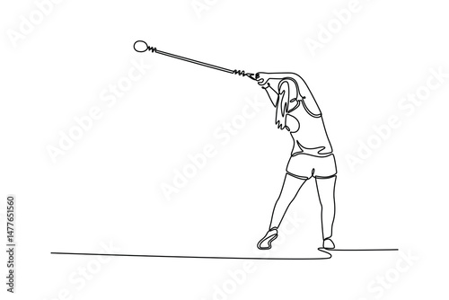 Single continuous line drawing back view strong female athlete competing in the hammer throw event. Healthy lifestyle, movement, activity, competition. One line draw graphic design vector illustration
