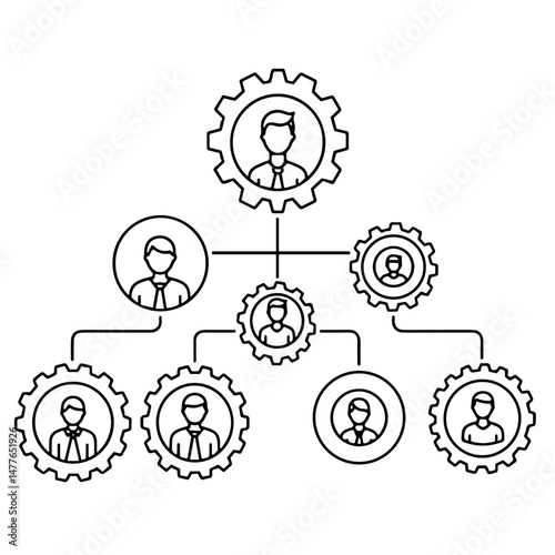 Organizational chart with gears and team members in black line art  