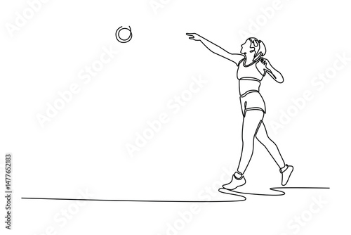 Single one line drawing strong female shot put athlete throws iron ball at indoor athletic stadium. Exhibits exceptional strength and technique. Continuous line draw design graphic vector illustration