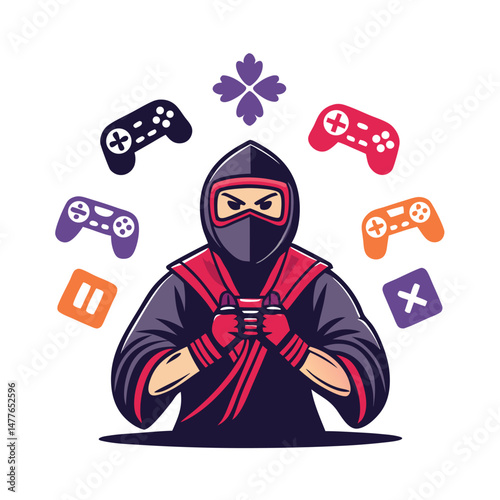 A stylized ninja, clad in black, skillfully wielding two game controllers, surrounded by vibrant, glowing game icons.  Focus on dynamic pose and detailed costume.