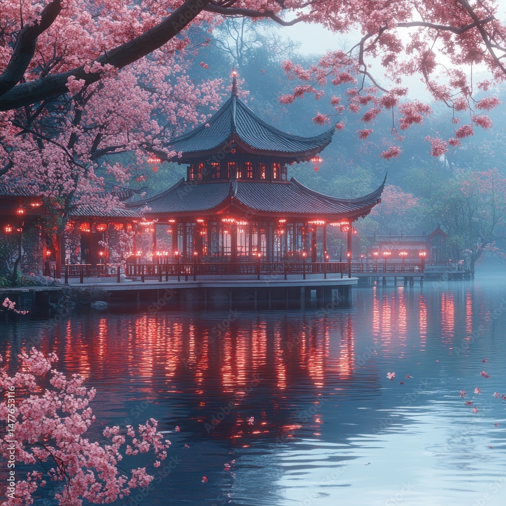 Naklejka premium Peaceful Asian pagoda on a serene lake at dawn.