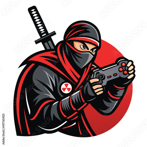 A stealthy black-clad ninja, skillfully wielding a modern gamepad instead of a katana, poised for digital combat.  Dark, moody lighting.