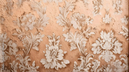 Detailed floral pattern wallpaper texture, vintage style with beige and white colors, classic and decorative