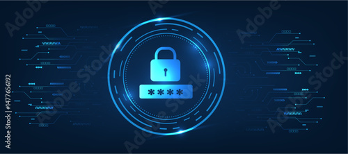 lock and key cyber passport protection concept on blue tech background