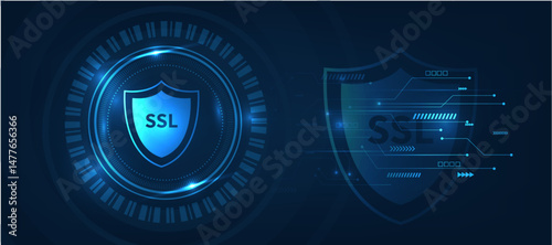 SSL (Secure Sockets Layer) and Security Icons  Encrypted Internet Communication and Data, blue futuristic abstract background
