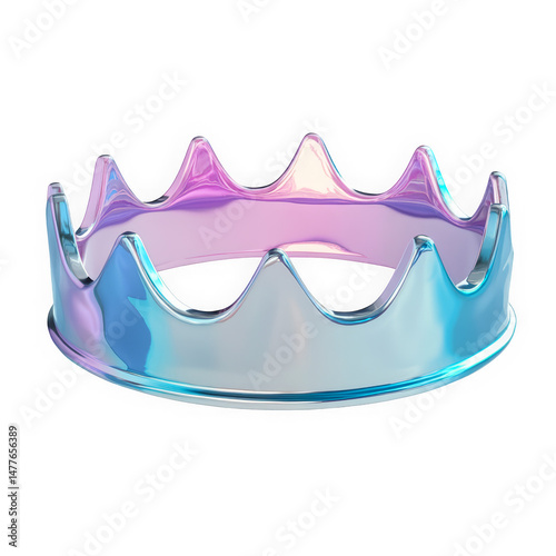 3D chrome crown in holographic liquid metal style. Shiny pastel tones, metallic reflection, Y2K inspired shape with freeform molten texture.