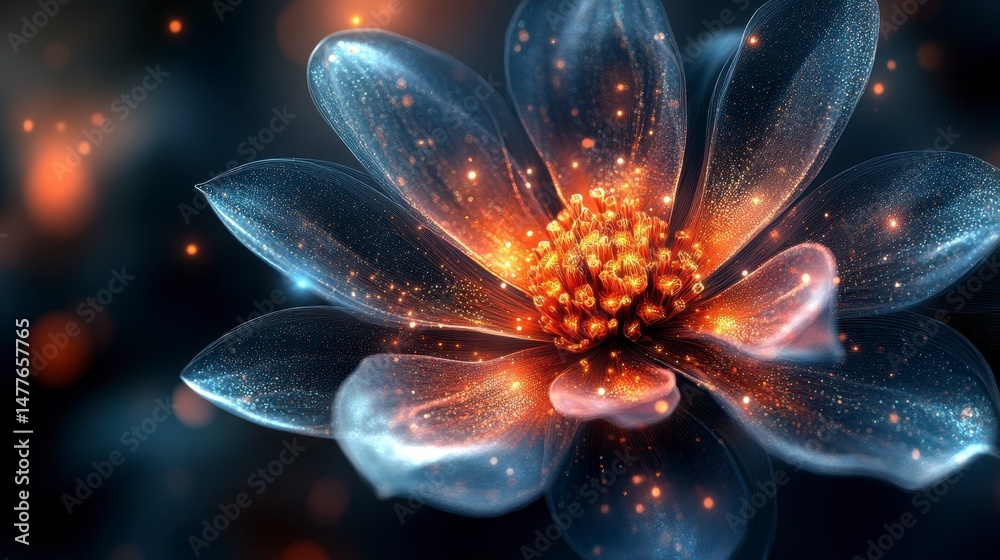 Glowing flower with transparent petals and a radiant center, with a dreamy, ethereal quality Glowing flower with transparent petals and a radiant center, with a dreamy, ethereal quality