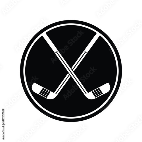 A black and white graphic of two crossed hockey sticks inside a circular shape sport emblem