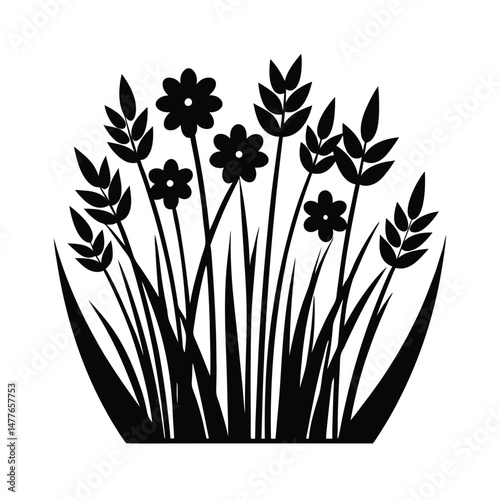 Simple black and white illustration of flowers and grass arranged in a natural and minimalist style for various uses.