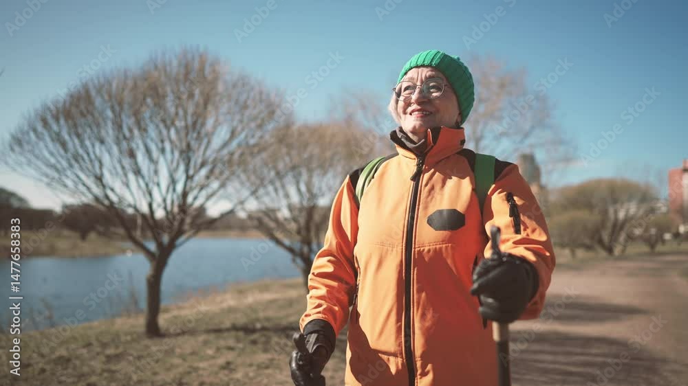 Portrait of happy old lady with poles for nordic walking in park in motion. Active lifestyle and sport activity for stay healthy and positive in old age, good feeling and mood, aged woman keeping fit