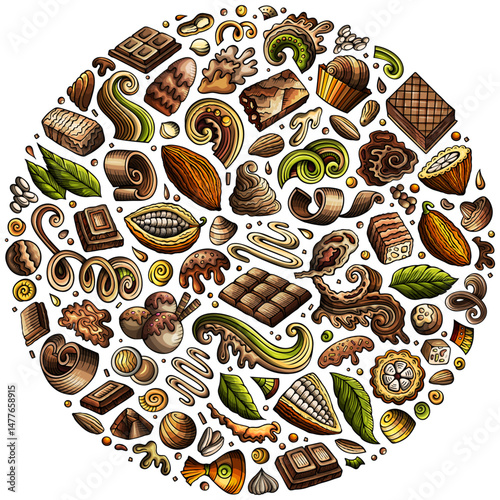 Set of Chocolate cartoon doodle objects. Round composition