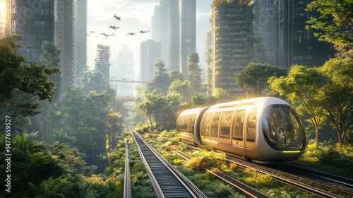 Futuristic Eco Friendly Cityscape with Sustainable Architecture and Electric Public Transportation