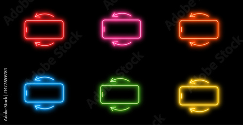 Neon glowing horizontal smartphone rotation icons collection on isolated dark background, futuristic ui elements, mobile rotation neon icons, vector