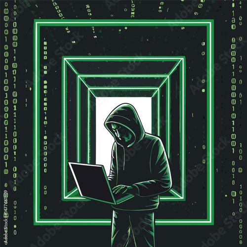 A lone programmer navigates a mesmerizing green digital tunnel of cascading matrix code.  Cyberpunk aesthetic.