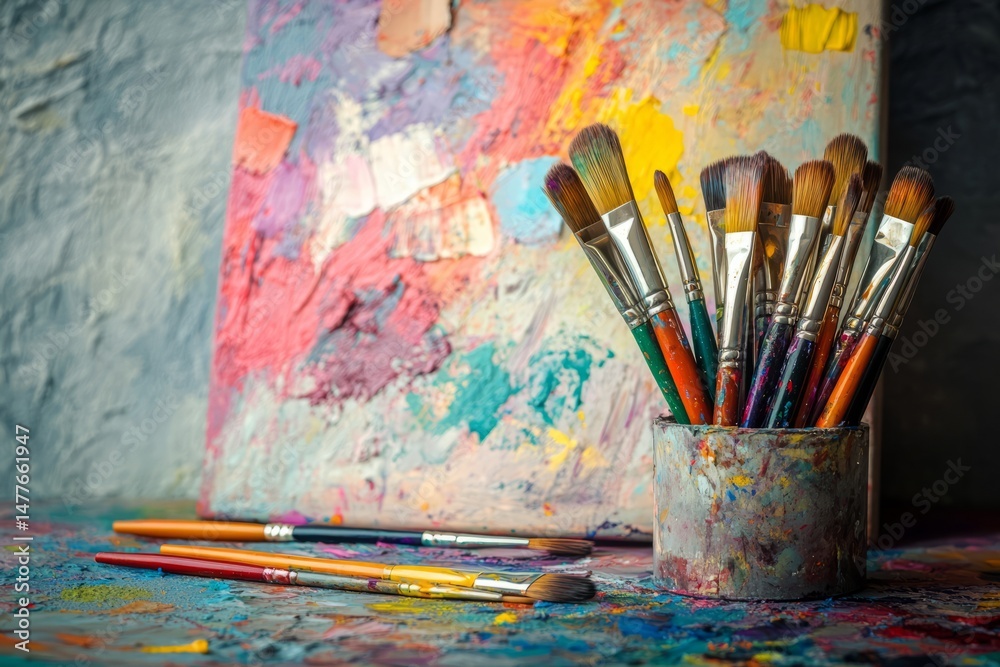 Paintbrushes in a jar on a colorful palette. Paintbrushes in a jar on a colorful palette.