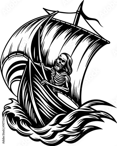 SVG vector of a skull symbolizing naval war. Skeleton Sailor on a Ship Battling Stormy Waves in Black and White