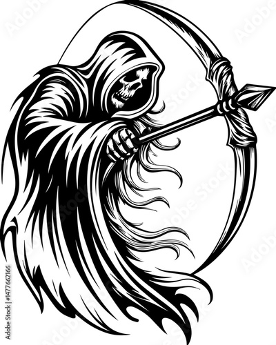 SVG vector of a skull symbolizing naval war. Grim Reaper Illustration with Scythe in Dynamic Black and White Style